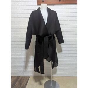 Caramel by Rosa & Rose Women's Black Solid Long-Sleeve Tie-Belt Net Trim Jacket